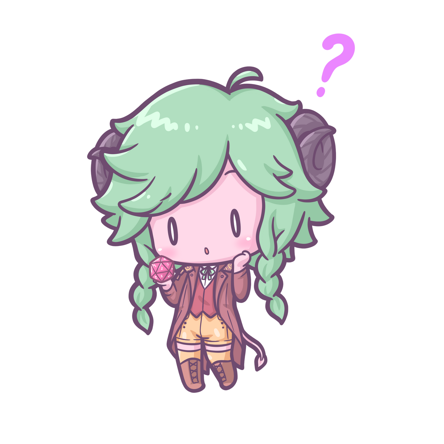 A cute, chibi rendering of Tis-Anne, the company mascot, looking at a twenty-sided dice with a confused expression.