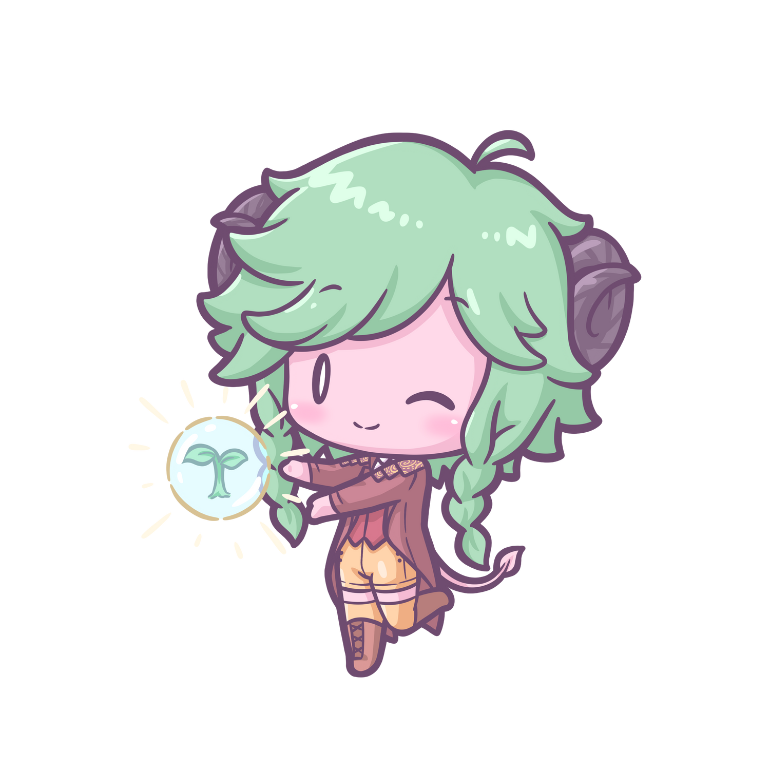 A cute, chibi rendering of Tis-Anne, the company mascot, presenting a glowing sapling with a wink.