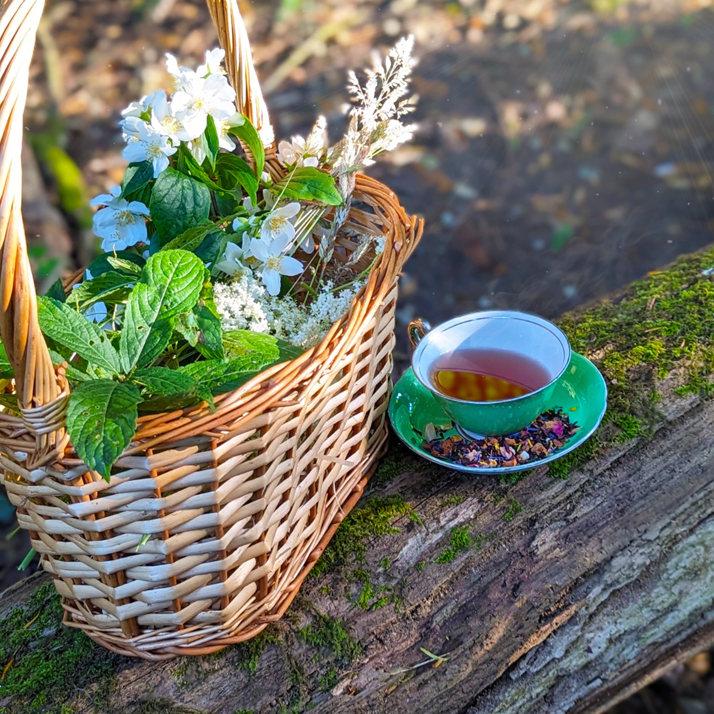A green teacup and saucer on  a mossy log, next to a basket of wildflowers and leaves.