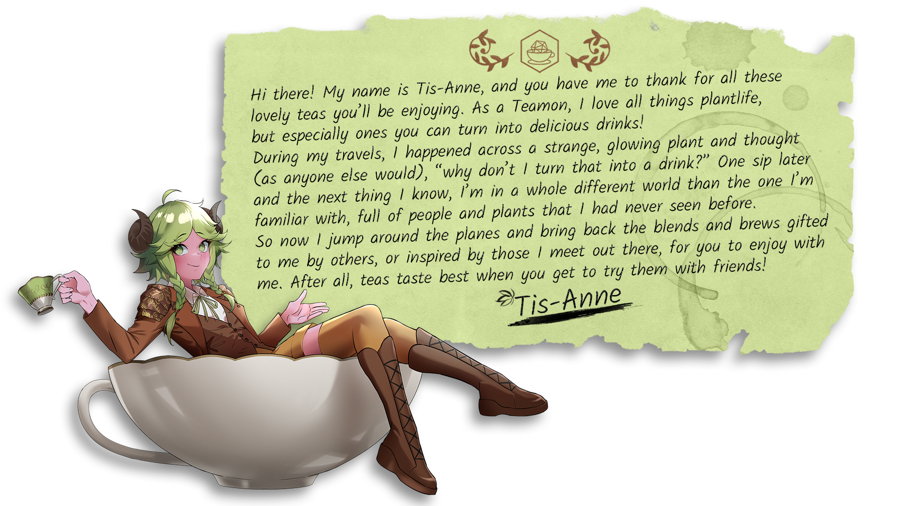 Tis-Anne, the company mascot, reclines in a teacup next to a paper message. The message explains that this character is responsible for travelling through dimensions to collect plants, turn them into teas and infusions, then sell them on this website.